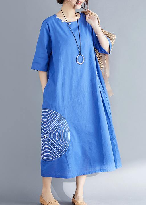 Unique blue cotton tunics for women fine Outfits o neck embroidery A Line Summer Dresses - SooLinen