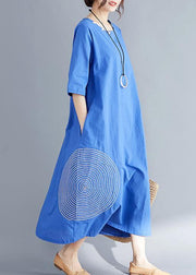 Unique blue cotton tunics for women fine Outfits o neck embroidery A Line Summer Dresses - SooLinen