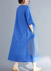 Unique blue cotton tunics for women fine Outfits o neck embroidery A Line Summer Dresses - SooLinen