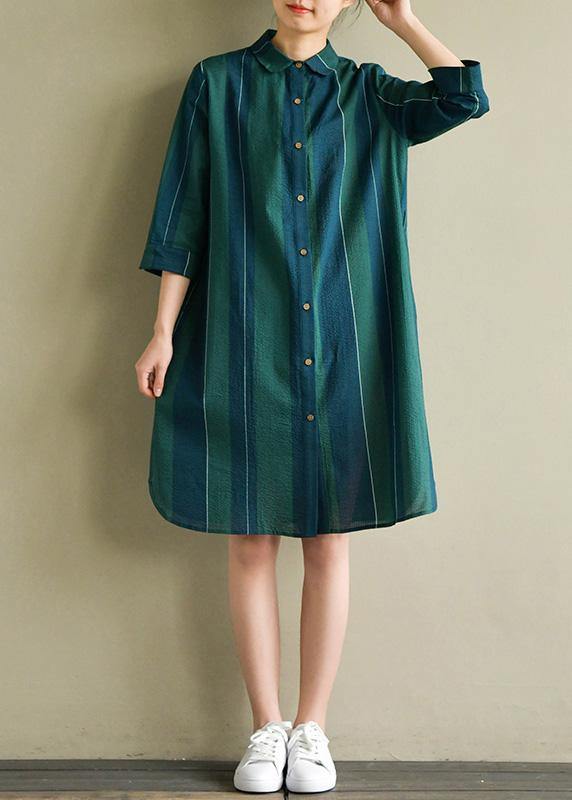 Unique blue green striped Cotton dresses lapel side open summer Dress - SooLinen