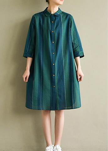 Unique blue green striped Cotton dresses lapel side open summer Dress - SooLinen