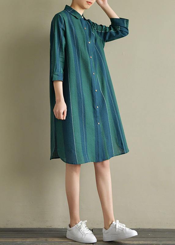 Unique blue green striped Cotton dresses lapel side open summer Dress - SooLinen