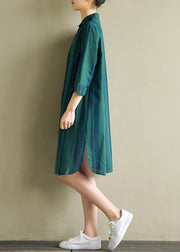 Unique blue green striped Cotton dresses lapel side open summer Dress - SooLinen