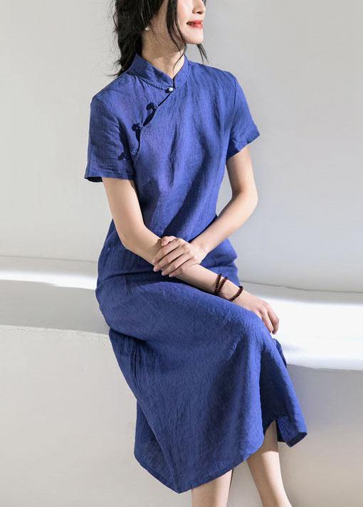 Unique blue linen Robes stand collar Robe summer Dresses - SooLinen