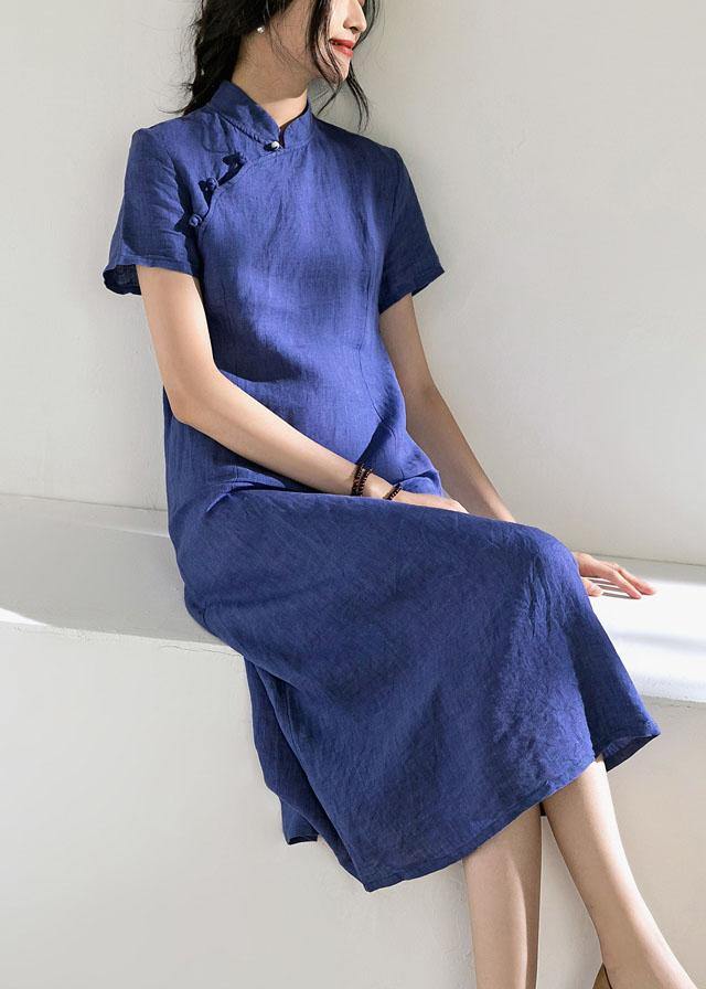 Unique blue linen Robes stand collar Robe summer Dresses - SooLinen