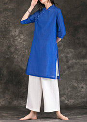 Unique blue linen Robes v neck Three Quarter sleeve Dresses Summer Dresses