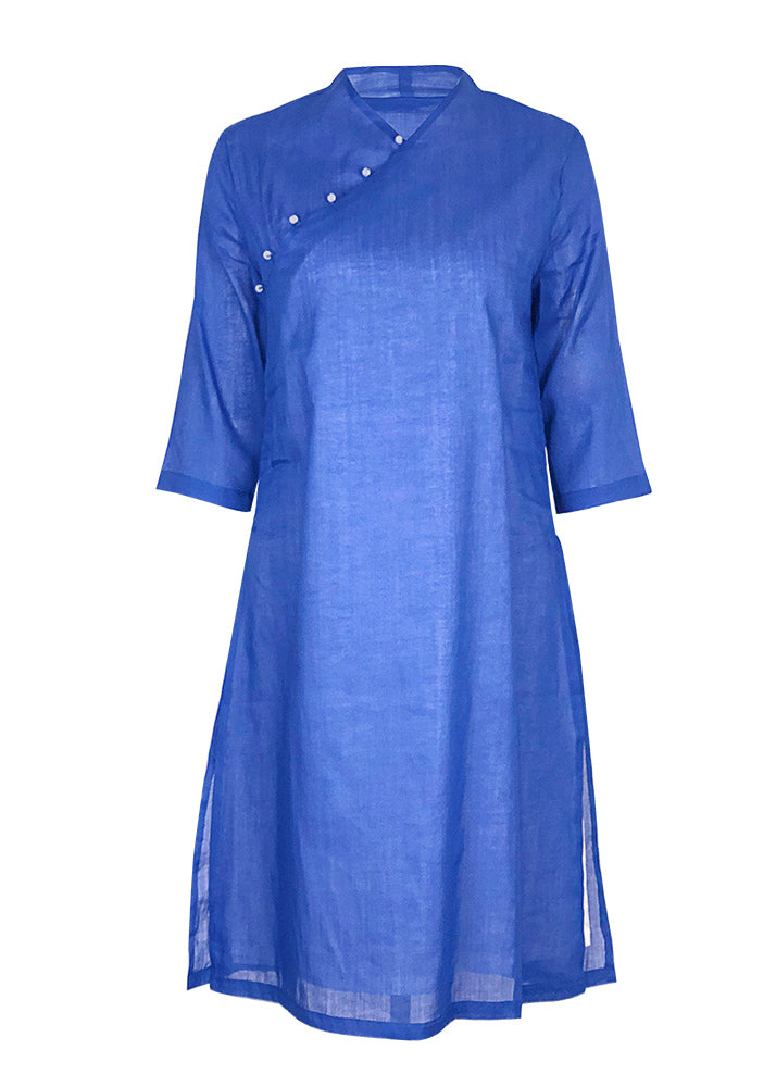 Unique blue linen Robes v neck Three Quarter sleeve Dresses Summer Dresses