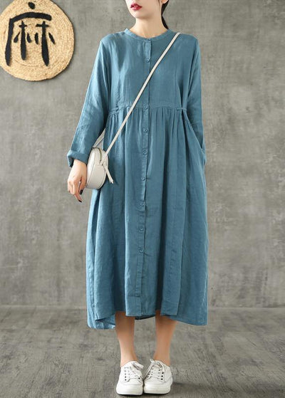 Unique blue linen clothes For Women Cinched pockets Plus Size spring Dresses - SooLinen