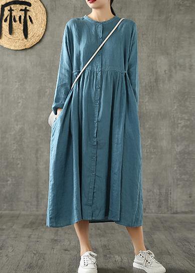 Unique blue linen clothes For Women Cinched pockets Plus Size spring Dresses - SooLinen