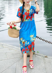 Unique blue short sleeve cotton Tunics print Maxi summer Dresses - SooLinen