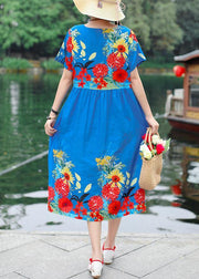 Unique blue short sleeve cotton Tunics print Maxi summer Dresses - SooLinen