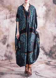 Unique blue striped clothes v neck Batwing Sleeve Maxi fall Dress - SooLinen