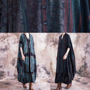 Unique blue striped clothes v neck Batwing Sleeve Maxi fall Dress - SooLinen