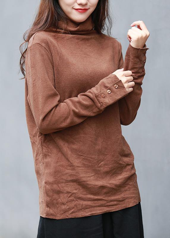 Unique brown clothes For Women high neck long sleeve short tops - SooLinen