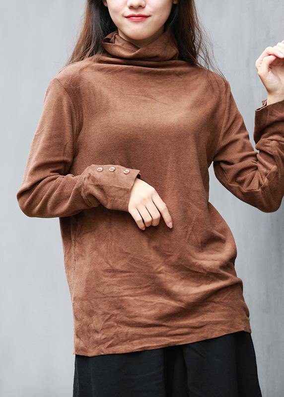 Unique brown clothes For Women high neck long sleeve short tops - SooLinen