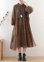 Unique chocolate linen dress lapel large hem Maxi fall Dresses - SooLinen