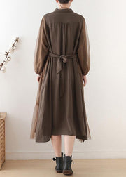 Unique chocolate linen dress lapel large hem Maxi fall Dresses - SooLinen