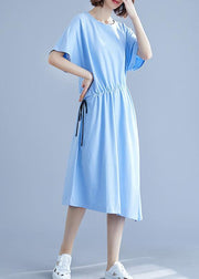 Unique drawstring waist cotton summer clothes For Women blue o neck oversized dresses - SooLinen