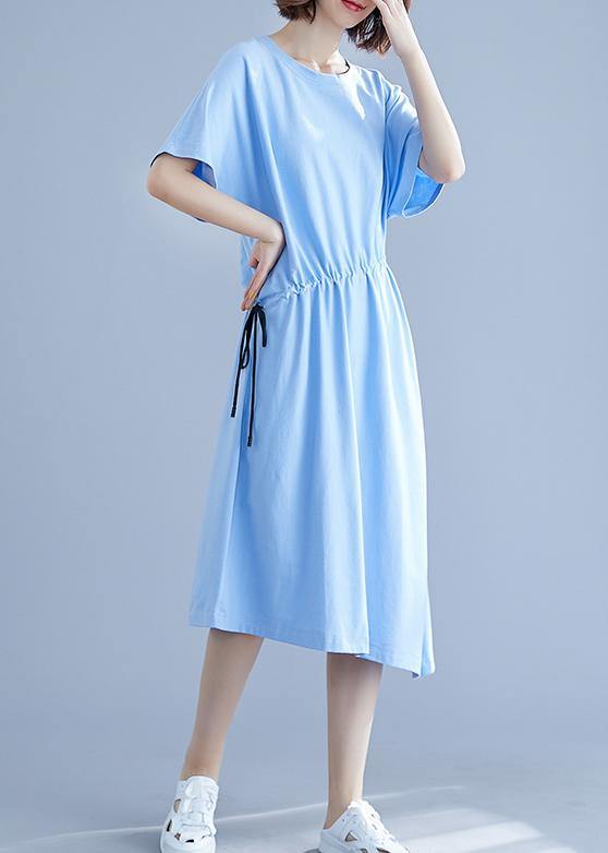 Unique drawstring waist cotton summer clothes For Women blue o neck oversized dresses - SooLinen