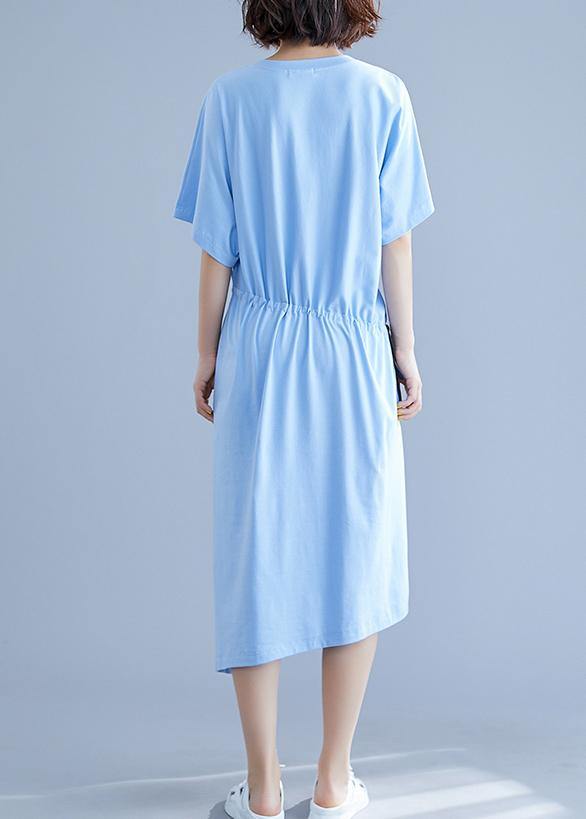 Unique drawstring waist cotton summer clothes For Women blue o neck oversized dresses - SooLinen