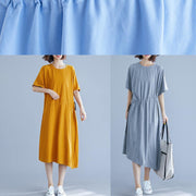 Unique drawstring waist cotton summer clothes For Women blue o neck oversized dresses - SooLinen