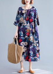 Unique floral cotton dresses o neck baggy Maxi Dresses - SooLinen