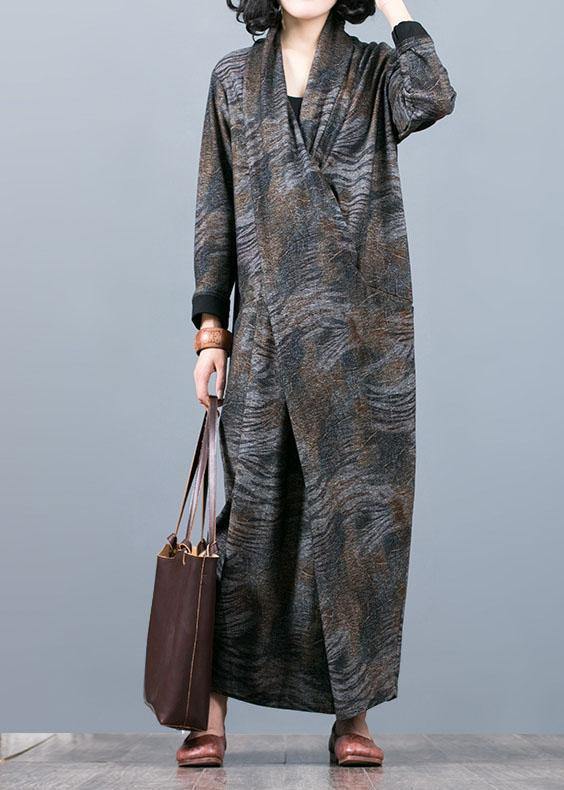 Unique gray print Long dress v neck asymmetric Maxi fall Dress - SooLinen