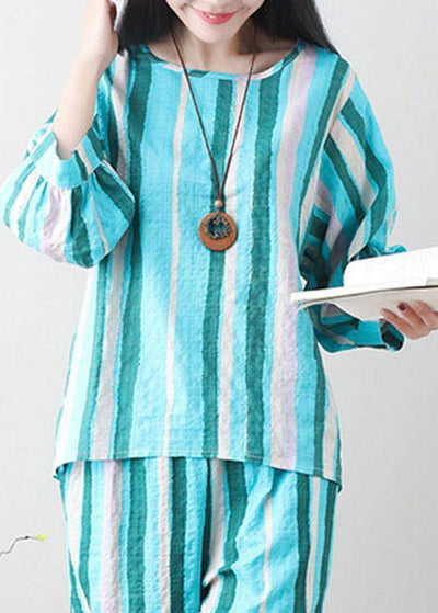 Unique green linen clothes For Women Tunic Tops striped summer top - SooLinen