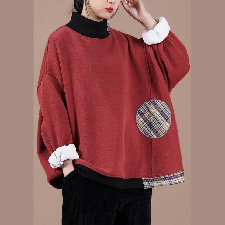 Unique high neck spring clothes Photography red patchwork plaid top - SooLinen