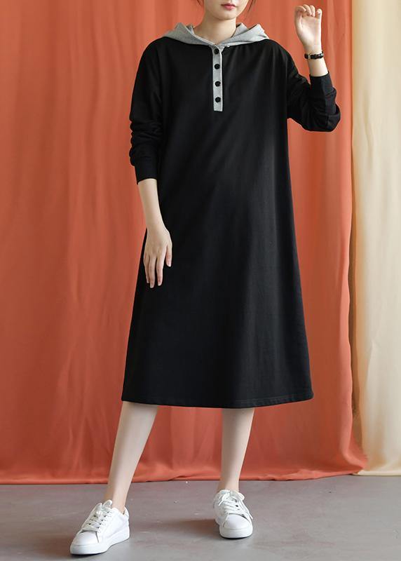 Unique hooded cotton Wardrobes Shape black Plus Size Dress fall - SooLinen