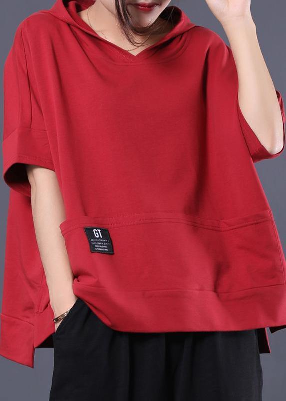 Unique hooded cotton tunic pattern red side open shirts summer - SooLinen