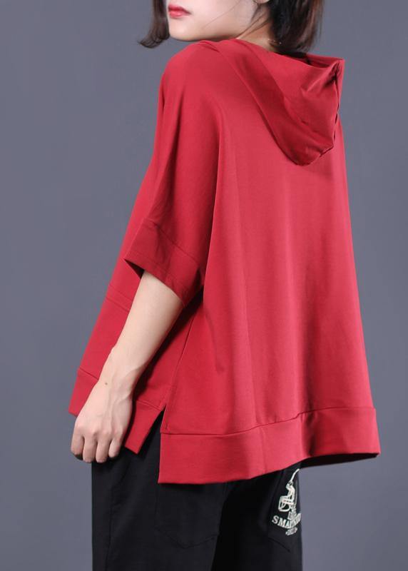 Unique hooded cotton tunic pattern red side open shirts summer - SooLinen