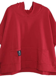 Unique hooded cotton tunic pattern red side open shirts summer - SooLinen