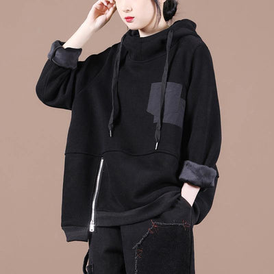 Unique hooded patchwork tunics for women Work Outfits black thick blouses - SooLinen