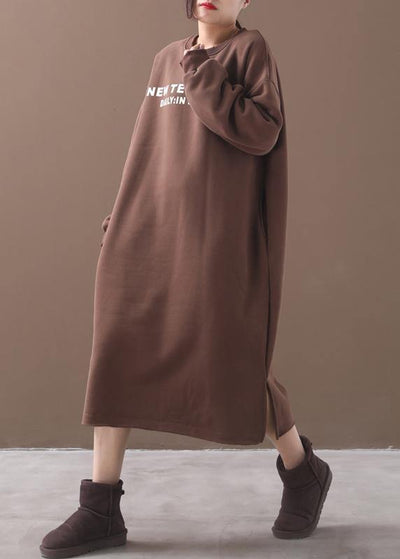 Unique khaki cotton Long Shirts side open cotton robes alphabet prints Dress - SooLinen