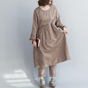 Unique khaki floral linen cotton dresses fine Christmas Gifts Kaftan o neck Cinched Dress