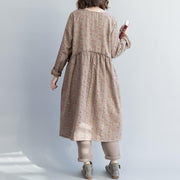 Unique khaki floral linen cotton dresses fine Christmas Gifts Kaftan o neck Cinched Dress