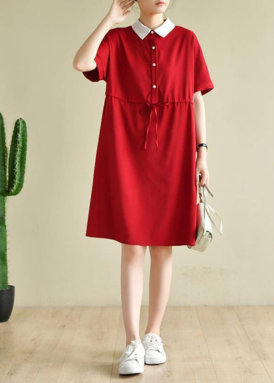 Unique lapel drawstring quilting dresses Neckline red Dress - SooLinen