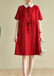 Unique lapel drawstring quilting dresses Neckline red Dress - SooLinen