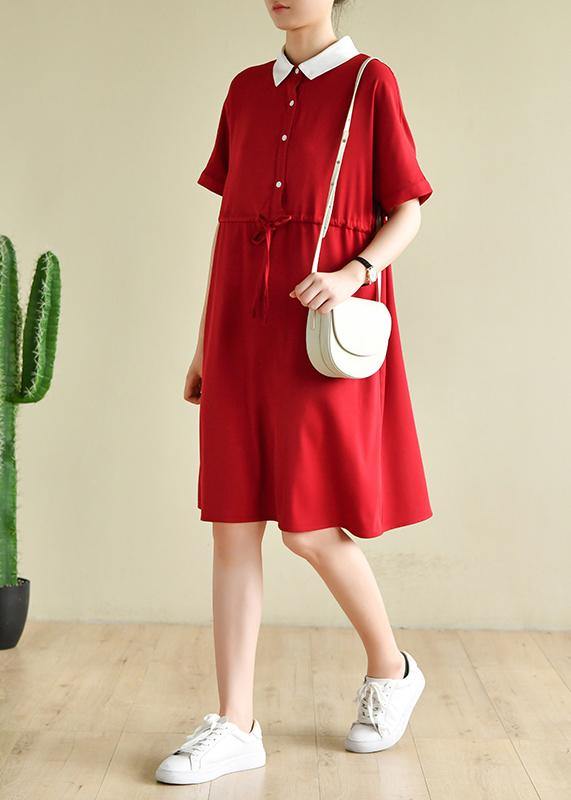 Unique lapel drawstring quilting dresses Neckline red Dress - SooLinen