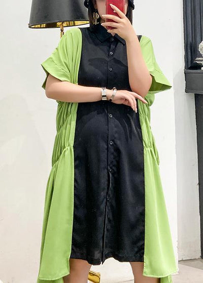 Unique lapel Cinched Robes pattern black patchwork green Dress - SooLinen