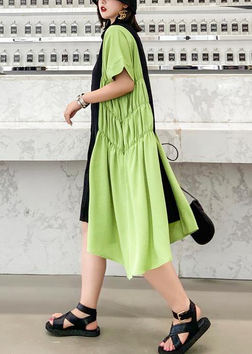 Unique lapel Cinched Robes pattern black patchwork green Dress - SooLinen