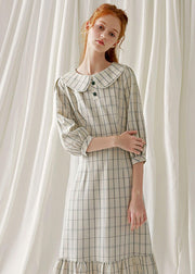 Unique light nude plaid blended clothes ruffles hem cotton robes fall Dresses - SooLinen