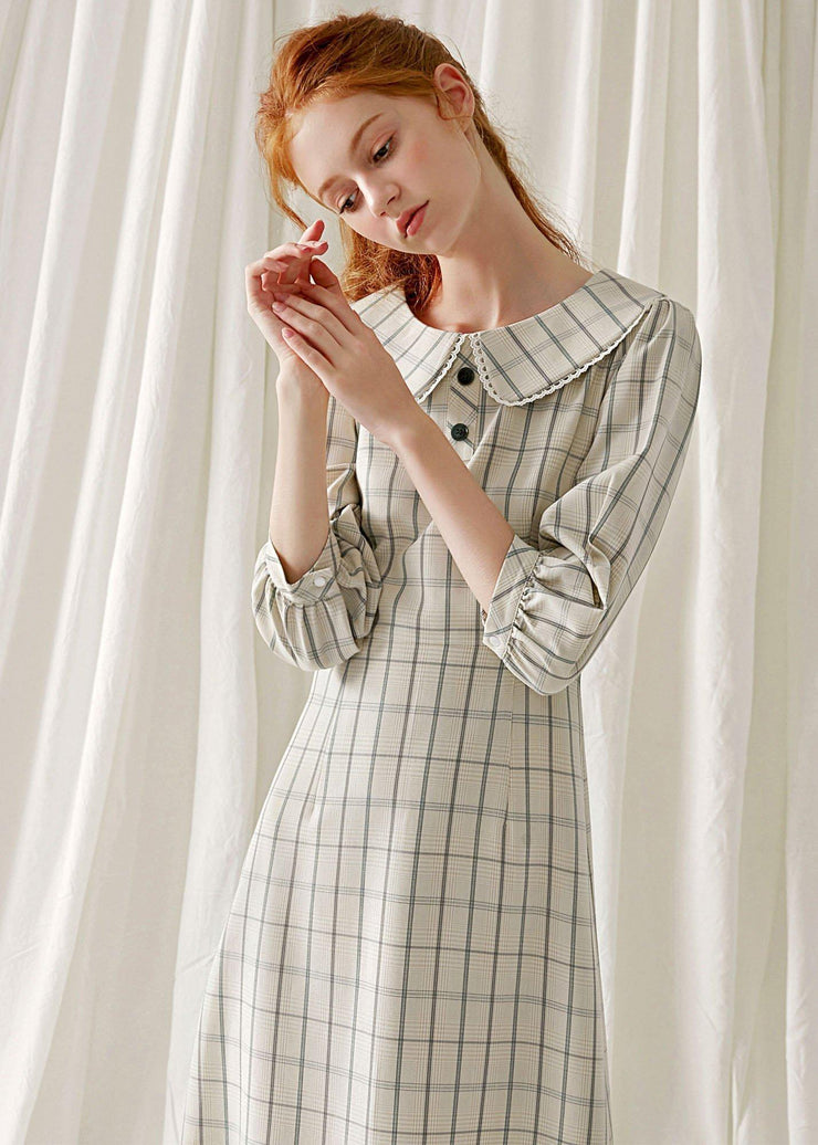 Unique light nude plaid blended clothes ruffles hem cotton robes fall Dresses - SooLinen