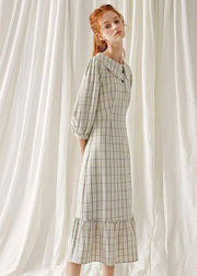 Unique light nude plaid blended clothes ruffles hem cotton robes fall Dresses - SooLinen