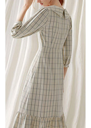 Unique light nude plaid blended clothes ruffles hem cotton robes fall Dresses - SooLinen