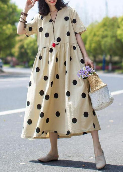 Unique linen Wardrobes 2019 Casual Polka Dot V-Neck Loose Linen Dress - SooLinen