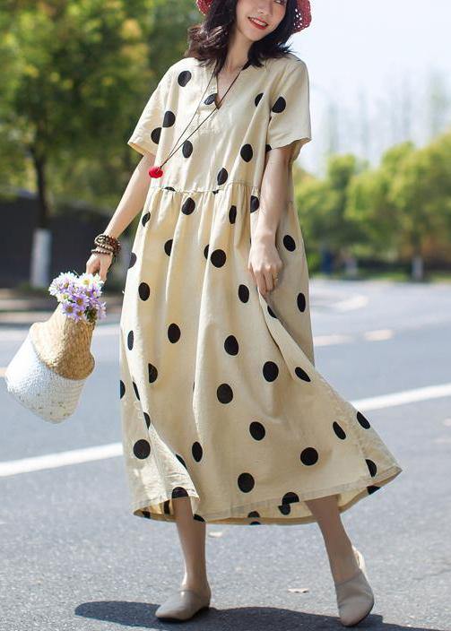 Unique linen Wardrobes 2019 Casual Polka Dot V-Neck Loose Linen Dress - SooLinen