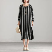 Unique linen cotton quilting dresses stylish Black And Gary Stripe Casual Loose Dress