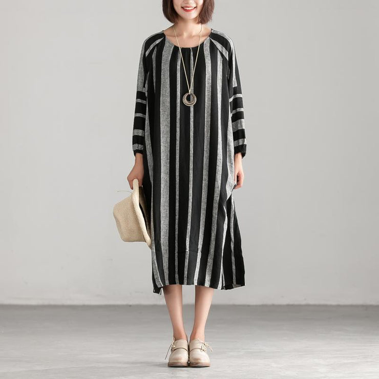 Unique linen cotton quilting dresses stylish Black And Gary Stripe Casual Loose Dress